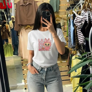 تیشرت سفید فری سایز پنبه طرح لبولبو صورتی