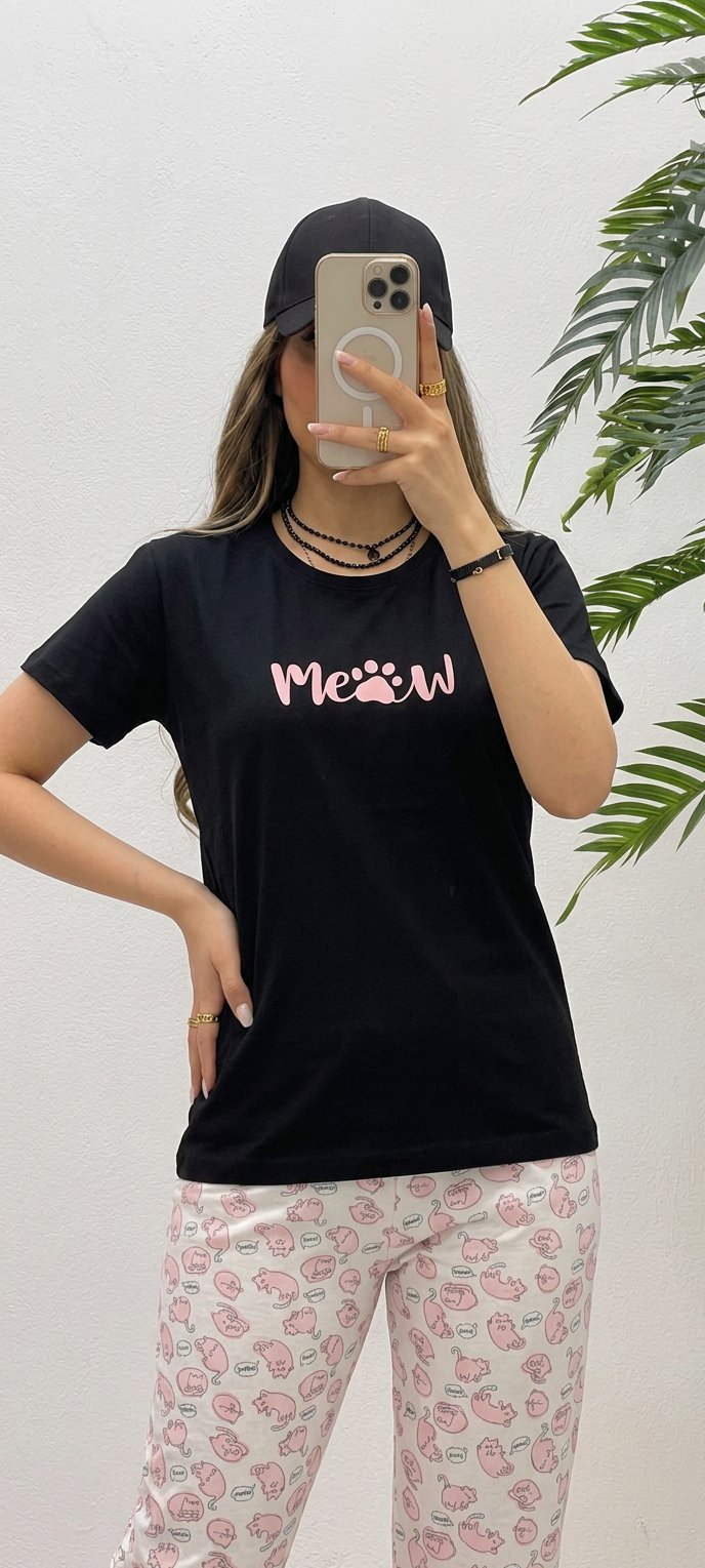 ست راحتی زنانه تیشرت و شلوار طرح میو گربه miow