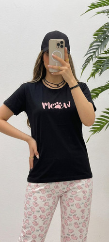 ست راحتی زنانه تیشرت و شلوار طرح میو گربه miow