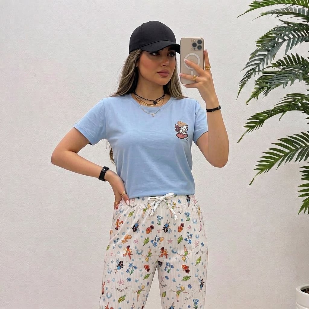 ست لباس راحتی زنانه پری آبی پنبه ای