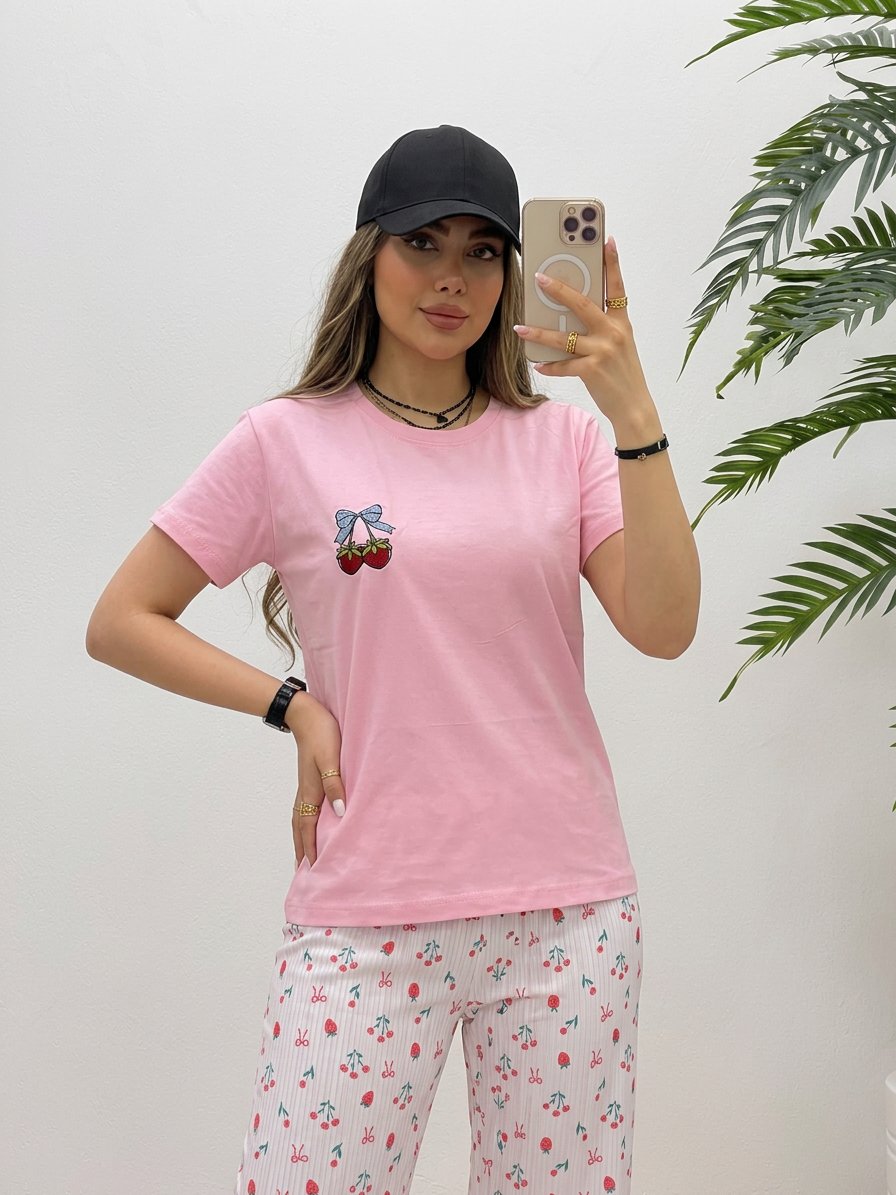 ست لباس راحتی زنانه پینترستی گیلاس توت‌ فرنگی صورتی